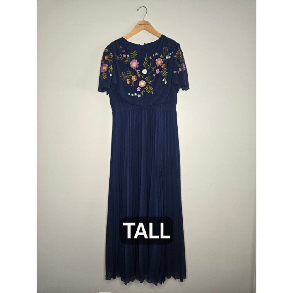 ASOS Design Floral Embroidered Maxi Dress Navy Chiffon Tall US 10